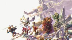 4girls 5boys arrow_(projectile) blonde_hair bow_(weapon) cloak dual_wielding goron highres holding holding_trident link long_hair master_sword mineru_(zelda) multiple_boys multiple_girls nintendo official_art outstretched_arm pointy_ears polearm princess_zelda rauru_(tears_of_the_kingdom) red_hair riju rito scimitar sidon sonia_(zelda) sword the_legend_of_zelda the_legend_of_zelda:_tears_of_the_kingdom third-party_source trident tulin_(zelda) very_long_hair weapon winged_arms wings yunobo zonai zora