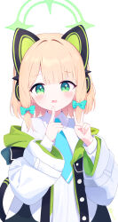 Rule 34 | 1girl, absurdres, animal ear headphones, animal ears, blonde hair, blue archive, blue bow, blue necktie, blush, bow, cat tail, collared shirt, commentary request, fake animal ears, green eyes, green halo, hair bow, halo, headphones, highres, jacket, long sleeves, midori (blue archive), necktie, open mouth, revision, shirt, short hair, simple background, solo, tail, two-sided fabric, two-sided jacket, upper body, white background, white jacket, white shirt, zcx