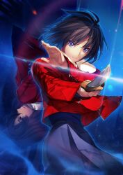 Rule 34 | 1girl, absurdres, aikura chihiro, black hair, blue eyes, blue kimono, brown eyes, brown hair, closed mouth, dual persona, fighting stance, floating hair, highres, holding, holding knife, jacket, japanese clothes, kara no kyoukai, kimono, knife, long sleeves, looking at viewer, medium hair, multiple girls, mystic eyes of death perception, red jacket, ryougi shiki, short hair, smile, solo, straight hair, upside-down