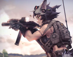 Rule 34 | absurdres, animal ears, antennae, b&amp;t apc, backpack, bag, bulletproof vest, close-up, eyewear on head, firing, first aid kit, glowstick, gun, highres, holding, holding weapon, kemonomimi mode, looking to the side, mcjoajoa, military, monster girl, muscular, muscular female, optical sight, original, shooting range, shorts, sports bra, submachine gun, suppressor, tail, tattoo, weapon