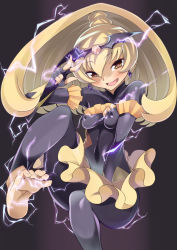 Rule 34 | 10s, 1girl, bad end peace, bad end precure, barefoot, blonde hair, blush, bodysuit, breasts, covered erect nipples, covered navel, dark persona, dress, earrings, electricity, feet, fingerless gloves, gloves, hair ornament, head tilt, jewelry, long hair, magical girl, navel, nogi pilotstar, open mouth, ponytail, precure, simple background, sitting, small breasts, smile, smile precure!, solo, v, wrist cuffs, yellow eyes