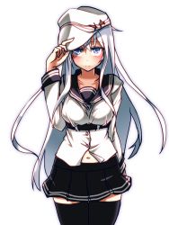 Rule 34 | 10s, 1girl, black thighhighs, blue eyes, closed mouth, hammer and sickle, hat, hat tip, hibiki (kancolle), kantai collection, long sleeves, looking at viewer, navel, aged up, pleated skirt, ryuuri (aoithigo), school uniform, serafuku, silver hair, skirt, solo, thighhighs, verniy (kancolle), white background, zettai ryouiki