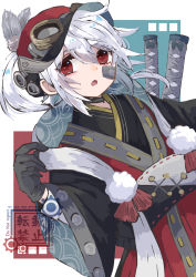 Rule 34 | 1girl, bandaid, bandaid on face, bloomminority, fantasy, gloves, goggles, goggles on head, hat, highres, katana, looking to the side, original, ponytail, red eyes, robe, solo, steampunk, sword, weapon, white hair