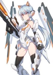 Rule 34 | 1girl, animal ears, arm at side, armor, armored boots, bare shoulders, black gloves, black thighhighs, blue eyes, blue hair, bodysuit, boots, breastplate, clenched hand, closed mouth, closers, covered navel, detached wings, elbow gloves, facial mark, fake animal ears, faulds, flat chest, from side, gloves, greaves, gun, hair between eyes, halterneck, headgear, headset, heterochromia, highres, holding, holding gun, holding weapon, legs apart, leotard, long hair, looking at viewer, low ponytail, mechanical wings, orange eyes, parted bangs, pauldrons, ponytail, red eyes, rifle, serious, shoulder armor, silver hair, simple background, solo, standing, straight hair, supernew, thighhighs, thighs, tina (closers), turtleneck, vambraces, very long hair, weapon, white background, white leotard, wings