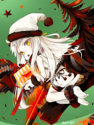 Rule 34 | 1girl, abyssal ship, akino shuu, barefoot, blush, box, enemy aircraft (kancolle), gift, gift box, hat, holding, holding gift, kantai collection, long hair, mittens, northern ocean princess, official alternate costume, pale skin, pom pom (clothes), santa hat, solo, tongue, tongue out, twitter username, white hair, white hat, white mittens, yellow eyes