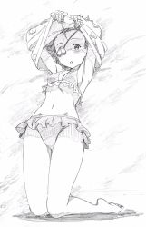 Rule 34 | 10s, 1girl, :o, armpits, arms up, barefoot, bikini, breasts, cleavage, clothes lift, commentary, eyepatch, food, frilled bikini, frills, fruit, full body, girls und panzer, graphite (medium), greyscale, hair pulled back, hairband, highres, kneeling, lifted by self, looking at viewer, makicha (sasurainopink), momogaa (girls und panzer), monochrome, navel, parted lips, peach, shirt lift, short hair, small breasts, solo, swimsuit, traditional media, undressing