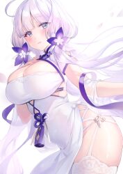 Rule 34 | 1girl, azur lane, blue eyes, blush, breasts, china dress, chinese clothes, cleavage, cleavage cutout, clothing cutout, cowboy shot, dress, flower, garter straps, hair flower, hair ornament, hand up, highres, illustrious (azur lane), illustrious (maiden lily&#039;s radiance) (azur lane), large breasts, long hair, looking at viewer, official alternate costume, pelvic curtain, simple background, solo, thighhighs, twintails, white background, white dress, white hair, white thighhighs, ygcn