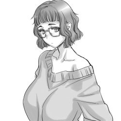 Rule 34 | 10s, 1girl, alternate breast size, breasts, collarbone, female focus, freckles, glasses, greyscale, large breasts, magaki ryouta, monochrome, off shoulder, oshiete! galko-chan, otako (galko), sketch, solo, sweater