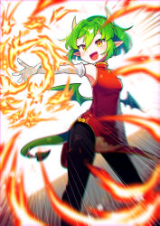 Rule 34 | 1girl, absurdres, black pants, china, draco centauros, dragon tail, dragon wings, dress, elbow gloves, emphasis lines, fire, gloves, green eyes, green hair, green wings, highres, horns, offbeat, open mouth, outstretched arm, pants, pants under dress, pointy ears, puyopuyo, pyrokinesis, red dress, short hair, solo, tail, white gloves, wings, yellow eyes, yellow horns