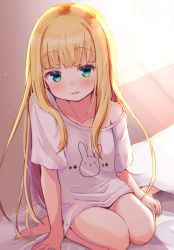 Rule 34 | 1girl, baram, bare shoulders, barefoot, blonde hair, club (shape), collarbone, commentary request, day, diamond (shape), green eyes, heart, highres, indoors, long hair, looking at viewer, mononobe alice, nijisanji, off shoulder, parted lips, pillow, shirt, short sleeves, sitting, smile, solo, spade (shape), sunlight, very long hair, virtual youtuber, wariza, white shirt, window