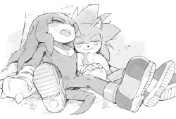 Rule 34 | 2boys, animal ears, animal nose, blush, boots, closed eyes, closed mouth, drooling, furry, furry male, gloves, grass, greyscale, hedgehog, hedgehog ears, hedgehog tail, highres, knuckles the echidna, male focus, monochrome, multiple boys, open mouth, sharp teeth, shoes, simple background, sitting, sk rokuro, sleeping, smile, sneakers, socks, sonic (series), sonic the hedgehog, spread legs, tail, teeth, tree