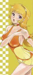 Rule 34 | 1girl, armband, blonde hair, blue eyes, blush, breasts, choker, cleavage, collarbone, commentary request, cutie honey, cutie honey (character), dress, embarrassed, hairband, heart, kiyo (joe), large breasts, long hair, looking at viewer, magical girl, open mouth, shiny skin, short dress, solo, torn clothes