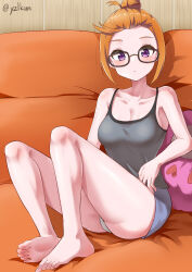 Rule 34 | 1girl, absurdres, barefoot, blush, breasts, camisole, cleavage, feet, glasses, hair bun, highres, long hair, looking at viewer, love live!, medium breasts, orange hair, purple eyes, shibuya kanon, soles, solo, toes