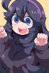 Rule 34 | 1girl, :d, @ @, absurdres, ahoge, alternate breast size, black sweater, blue eyes, breasts, claw pose, creatures (company), game freak, hair between eyes, hairband, hands up, hex maniac (pokemon), highres, long hair, long sleeves, looking at viewer, medium breasts, nintendo, open mouth, pokemon, pokemon xy, purple hair, purple hairband, ribbed sweater, sharp teeth, simple background, smile, solo, sweater, teeth, turtleneck, turtleneck sweater, upper body, upper teeth only, yellow background, yokoyoko (nazonazo)