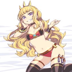 Rule 34 | 10s, 1girl, blonde hair, bracelet, cagliostro (granblue fantasy), chan co, crown, granblue fantasy, grin, hairband, jewelry, long hair, purple eyes, smile, solo, test tube, thigh strap, thighhighs