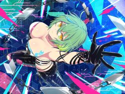 Rule 34 | 1girl, arm tattoo, ass, black gloves, blue hair, breast tattoo, breasts, chain, cleavage, closed mouth, expressionless, eyelashes, gloves, green hair, highres, hikage (senran kagura), honeycomb (pattern), honeycomb background, knife, large breasts, leather, leather pants, light frown, looking at viewer, looking up, medium hair, multicolored hair, official art, pants, reaching, reaching towards viewer, senran kagura, senran kagura new link, serious, slit pupils, solo, tattoo, weapon, yellow eyes