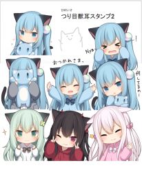 Rule 34 | !, &gt; &lt;, 4girls, :d, ^ ^, amashiro natsuki, animal ears, black hair, blue eyes, blue hair, blue shirt, blush, bow, cat ears, cat girl, cat tail, chibi, closed eyes, closed mouth, collared shirt, commentary request, demon horns, closed eyes, facing viewer, green eyes, green hair, grey jacket, hair bow, hands up, holding, holding stuffed toy, hood, hood down, hoodie, horns, jacket, long hair, long sleeves, multiple girls, one side up, open clothes, open jacket, open mouth, original, outstretched arms, parted lips, pink bow, pink shirt, puffy long sleeves, puffy sleeves, red eyes, red hoodie, romaji text, shirt, silver hair, sleeves past wrists, smile, spread arms, stuffed animal, stuffed cat, stuffed toy, tail, translation request, very long hair, white shirt
