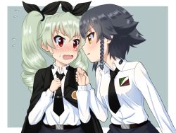 Rule 34 | 10s, 2girls, anchovy (girls und panzer), black hair, blush, breasts, brown eyes, cape, drill hair, girls und panzer, green hair, holding hands, multiple girls, pepperoni (girls und panzer), red eyes, ruka (piyopiyopu), small breasts, yuri