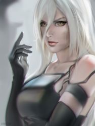 Rule 34 | 1girl, absurdres, android, arm up, armlet, black gloves, chromatic aberration, closed mouth, elbow gloves, gloves, hair between eyes, highres, joints, long hair, looking at viewer, nier (series), nier:automata, pink lips, ragecndy, red lips, robot joints, silver hair, solo, tank top, yellow eyes, a2 (nier:automata)