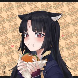 Rule 34 | 1girl, animal ear fluff, animal ears, arknights, artist name, black hair, blush, braid, brown eyes, burger, dog ears, ears down, eating, facial mark, fingerless gloves, food, food-themed background, food on face, forehead mark, gloves, hair ribbon, heart, heart-shaped pupils, highres, holding, holding food, long hair, looking at viewer, parted bangs, purple gloves, ribbon, saga (arknights), shoukkun25, side braid, signature, solo, symbol-shaped pupils, upper body, wrapper, yellow ribbon