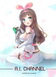 Rule 34 | 1girl, artist name, blue eyes, blush, breasts, brown hair, controller, copyright name, from side, game controller, hairband, highres, holmemee, kizuna ai, kizuna ai inc., large breasts, long hair, looking at viewer, open mouth, sideboob, sitting, smile, solo, teeth, thighhighs, virtual youtuber, wariza, white thighhighs