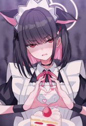 Rule 34 | 1girl, animal ears, apron, black hair, blue archive, blunt bangs, blush, bob cut, cake, cake slice, cat ears, choker, commentary, food, fruit, hair ornament, hairclip, heart, heart hands, highres, kazusa (blue archive), looking at viewer, maid, maid apron, maid headdress, mi taro333, neck ribbon, plate, red eyes, ribbon, shaded face, short hair, short sleeves, simple background, solo, strawberry, wristband