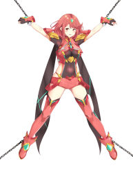 Rule 34 | 1girl, armor, bare hips, bdsm, bondage, boots, bound, breasts, chain, clothing cutout, commission, earrings, fingerless gloves, full body, gem, gloves, gold trim, hair between eyes, hair ornament, headpiece, jewelry, large breasts, nervous, nintendo, open mouth, pyra (xenoblade), red eyes, red hair, red shorts, short hair, short shorts, shorts, shoulder armor, shy, side cutout, simple background, solo, thighhighs, tiara, white background, xenoblade chronicles (series), xenoblade chronicles 2, yoshiiaki