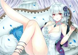 Rule 34 | 1girl, absurdres, azur lane, bare shoulders, blue flower, blue ribbon, blue rose, blush, breasts, cleavage, collarbone, commentary request, couch, dress, flower, hair flower, hair ornament, hair ribbon, highres, large breasts, leg up, looking at viewer, official alternate costume, petals, pillow, purple curtains, purple flower, purple rose, red eyes, ribbon, rose, rose petals, short dress, short hair, signature, silver hair, sirius (azur lane), sirius (white rose) (azur lane), sitting, sleeveless, sleeveless dress, solo, traditional media, whipberry, white dress