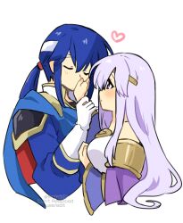 Rule 34 | 1boy, 1girl, bare shoulders, blue cape, blue hair, blush, breasts, brother and sister, cape, circlet, closed eyes, fire emblem, fire emblem: genealogy of the holy war, headband, hetero, holding another&#039;s wrist, implied incest, julia (fire emblem), kiss, kissing hand, long hair, looking at another, nintendo, ponytail, purple cape, purple hair, seliph (fire emblem), siblings, simple background, white headband, wide sleeves, yukia (firstaid0)