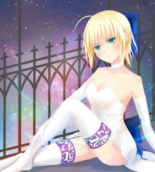 Rule 34 | 1girl, :|, ahoge, artoria pendragon (all), artoria pendragon (fate), blonde hair, blush, breasts, cleavage, closed mouth, elbow gloves, fate/stay night, fate (series), gloves, green eyes, night, night sky, official alternate costume, saber (fate), sky, solo, thighhighs, thighs, white gloves, white thighhighs, xianxian