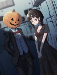 Rule 34 | 1boy, 1girl, absurdres, black dress, black jacket, black pants, bow, bowtie, breasts, brown eyes, brown hair, cleavage, closed mouth, collared shirt, dress, grey vest, halloween, highres, industrial pipe, jack-o&#039;-lantern head, jacket, medium breasts, medium hair, okura lino, original, pants, red bow, red bowtie, shirt, smile, stitches, suit jacket, vest, white shirt