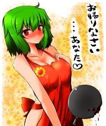Rule 34 | 1girl, apron, blood, blush, breasts, cleavage, female focus, flower, frying pan, green hair, hand on own chest, kazami yuuka, naked apron, red eyes, roki (hirokix), short hair, smile, solo, sunflower, touhou, translated