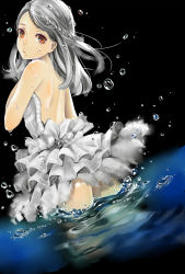 Rule 34 | 1girl, backless dress, backless outfit, bare back, bare shoulders, brown eyes, dress, from behind, grey hair, highres, long hair, looking back, original, solo, sweetwitch, water, wet