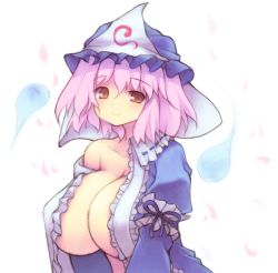 Rule 34 | 1girl, bad id, bad pixiv id, black owls, breasts, female focus, frills, hat, hitodama, huge breasts, large breasts, long sleeves, mob cap, off shoulder, open clothes, petals, pink hair, puffy sleeves, red eyes, saigyouji yuyuko, short hair, simple background, smile, solo, touhou, triangular headpiece, upper body, veil, white background