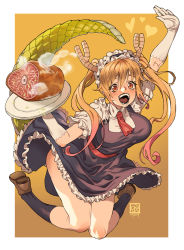 Rule 34 | 1girl, arm up, black socks, blonde hair, border, breasts, brown footwear, collared dress, commentary, dragon girl, dragon horns, dragon tail, dress, food, frilled dress, frilled sleeves, frills, full body, gloves, gradient hair, heart, horns, kobayashi-san chi no maidragon, large breasts, large tail, long hair, maid, meat, multicolored hair, open mouth, orange eyes, orange hair, outside border, plate, poch4n, red neckwear, sharp teeth, shoes, socks, solo, steam, symbol-only commentary, tail, teeth, tohru (maidragon), twintails, white border, white gloves, yellow background