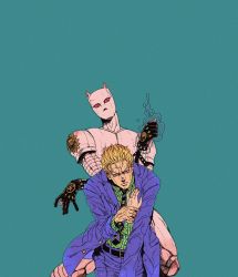 Rule 34 | 1boy, black gloves, blonde hair, blue background, collared shirt, colored sclera, formal, gloves, green shirt, highres, holding another&#039;s wrist, jacket, jojo no kimyou na bouken, killer queen, kira yoshikage, kou (tamagosan1001), leaning forward, looking at viewer, pants, purple jacket, purple pants, red sclera, severed hand, shirt, short hair, simple background, spiked hair, suit