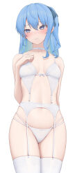 Rule 34 | 1girl, absurdres, blue eyes, blue hair, blush, bra, breasts, choker, collarbone, commentary, dot nose, earrings, garter belt, hair between eyes, hair ribbon, hand up, highres, hololive, hoshimachi suisei, jewelry, lingerie, long hair, one side up, panties, parted lips, ribbon, ring, simple background, small breasts, solo, star (symbol), star in eye, symbol in eye, thighhighs, underwear, underwear only, virtual youtuber, white background, white bra, white choker, white garter belt, white panties, white thighhighs, yihsien