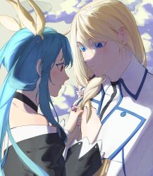 Rule 34 | 1boy, 1girl, absurdres, bare shoulders, belt, black choker, blonde hair, blue eyes, blue hair, casual, choker, couple, dizzy (guilty gear), flower, guilty gear, guilty gear xrd, hair flower, hair ornament, hair ribbon, hair rings, highres, husband and wife, ky kiske, long hair, looking at another, open mouth, red eyes, ribbon, smile, tail, tail ornament, twintails, yellow ribbon