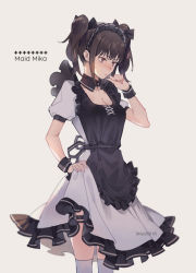 Rule 34 | 1girl, alternate costume, alternate hairstyle, apron, black apron, black bow, black collar, black thighhighs, bow, breasts, brown eyes, brown hair, cleavage, closed mouth, collar, collarbone, detached collar, dress, enmaided, freckles, grey background, hair bow, kistina, long hair, maid, maid headdress, medium breasts, psycho-pass, shimotsuki mika, short sleeves, skirt hold, solo, standing, thigh strap, thighhighs, twintails, white dress, white thighhighs