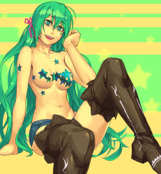 Rule 34 | 1girl, arm support, bad id, bad pixiv id, boots, bow, breasts, cross-eyed, cutoffs, denim, denim shorts, green hair, hair bow, hatsune miku, long hair, medium breasts, navel, pasties, shorts, sitting, smile, solo, star (symbol), star pasties, thigh boots, thighhighs, topless, vocaloid, yuuji (and)