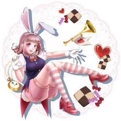 Rule 34 | 1girl, absurdres, alternate costume, animal ears, bow, bowtie, breasts, brown shorts, candy, candy wrapper, commentary request, cookie, danganronpa (series), danganronpa 2: goodbye despair, fake animal ears, food, gloves, hair ornament, highres, instrument, kneehighs, looking at viewer, medium hair, nanami chiaki, pink eyes, pocket watch, puffy short sleeves, puffy sleeves, rabbit ears, red bow, red footwear, shirt, short sleeves, shorts, smile, socks, solo, tonari no koneko, trumpet, watch, white gloves, white shirt