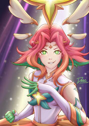Rule 34 | 1girl, absurdres, artist name, brown hair, colored skin, covered collarbone, darc arts, elbow gloves, freckles, gloves, green eyes, green skin, grey gloves, grey shirt, grin, highres, league of legends, multicolored hair, neeko (league of legends), parted bangs, red hair, shirt, smile, solo, star guardian neeko, teeth, two-tone hair, upper body