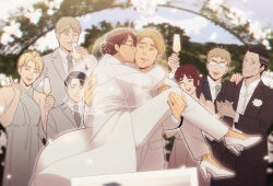 Rule 34 | 3girls, 5boys, abel (shingeki no kyojin), alternate universe, black hair, blonde hair, bridal veil, brown eyes, brown hair, carrying, champagne flute, character request, closed eyes, coat, commentary request, cup, dress, drinking glass, facial hair, formal, glasses, goatee, grey necktie, halter dress, halterneck, hange zoe, hanpetos, high heels, holding, husband and wife, jewelry, keiji (shingeki no kyojin), kiss, kissing cheek, levi (shingeki no kyojin), mike zakarius, moblit berner, multiple boys, multiple girls, mustache, necktie, nifa (shingeki no kyojin), one eye closed, opaque glasses, pants, photo (object), pov, ring, shingeki no kyojin, short hair, suit, tuxedo, veil, wedding, wedding ring, white coat, white pants