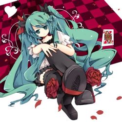 Rule 34 | 1girl, bad id, bad pixiv id, bondson, bracelet, card, checkered background, flower, green eyes, green hair, hatsune miku, high heels, jewelry, long hair, matching hair/eyes, playing card, rose, shoes, solo, thighhighs, very long hair, vocaloid, world is mine (vocaloid)