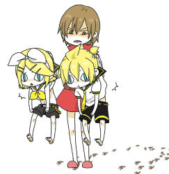Rule 34 | 1boy, 2girls, ^^^, angry, blonde hair, brown hair, clothes lift, kagamine len, kagamine rin, meiko (vocaloid), multiple girls, neckerchief, shaded face, short hair, simple background, slit pupils, standing, vocaloid, white background, yellow neckerchief