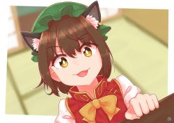 Rule 34 | 1girl, :d, animal ear fluff, animal ears, blurry, blurry background, border, bow, bowtie, bright pupils, brown eyes, brown hair, cat ears, chen, day, dress, dutch angle, earrings, extra ears, face, fang, gold trim, green hat, hair between eyes, hat, highres, indoors, jewelry, juliet sleeves, long sleeves, looking at viewer, mob cap, open mouth, puffy sleeves, red dress, short hair, single earring, smile, solo, tatami, touhou, v-shaped eyebrows, white border, white pupils, window, yellow bow, yellow bowtie, zanasta0810