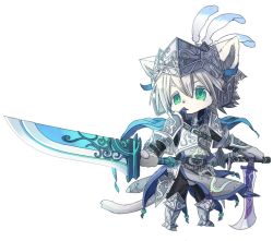 Rule 34 | androgynous, animal ears, armor, chibi, full body, furry, gender request, green eyes, kishibe, short hair, simple background, solo, sword, tail, weapon, white background