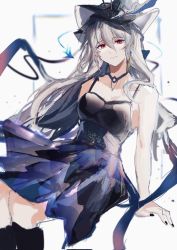 Rule 34 | 1girl, alternate costume, arknights, black choker, black dress, black headwear, black nails, choker, commentary request, dress, grey hair, highres, long hair, looking at viewer, nail polish, red eyes, sitting, sleeveless, sleeveless dress, smile, solo, spaghetti strap, specter (arknights), specter the unchained (arknights), very long hair, zuo daoxing