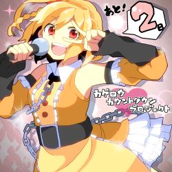 Rule 34 | 1girl, belt, blonde hair, chain, chatubo, detached sleeves, dress, frills, kagerou project, kisaragi attention (vocaloid), kisaragi momo, microphone, music, open mouth, red eyes, short hair, side ponytail, singing, smile, solo, v, vocaloid