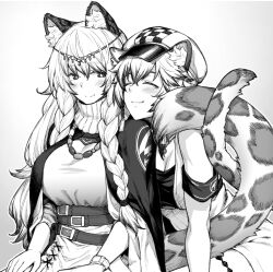 Rule 34 | 2girls, :3, animal ears, arknights, armband, blush, braid, breasts, cabbie hats, cape, chest belt, circlet, cleavage, cliffheart (arknights), closed eyes, closed mouth, gradient background, hat, head on another&#039;s shoulder, hiroya juuren, intertwined tails, jewelry, large breasts, long hair, making-of available, multiple girls, necklace, pramanix (arknights), seiza, side braids, sitting, smile, tail, very long hair, white background